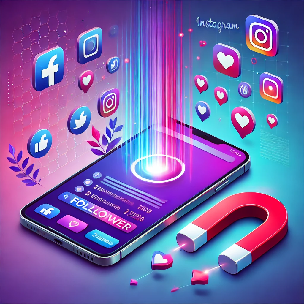 DALL·E 2025 02 28 18.49.05 A modern and vibrant digital illustration of a smartphone displaying an Instagram profile with a rising follower count. The screen shows engagement ic