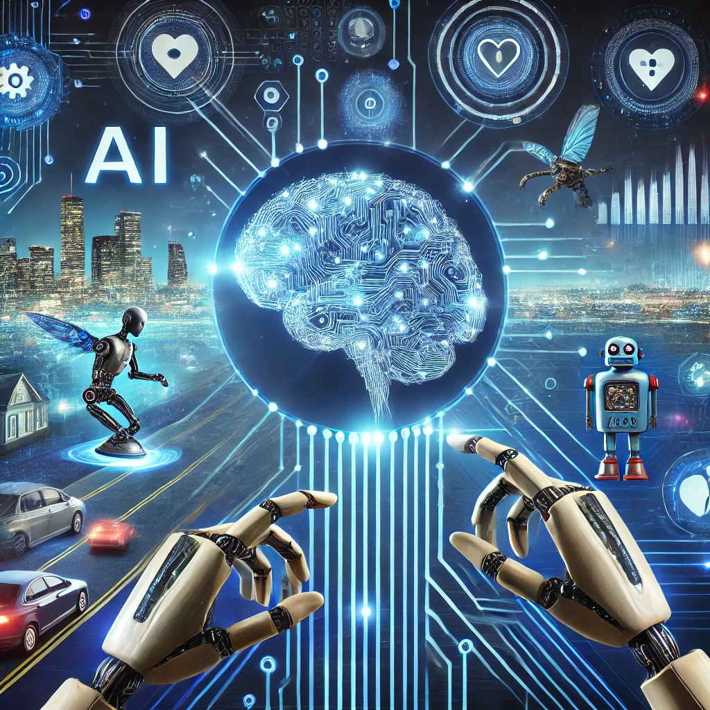 DALL·E 2025 02 28 19.16.59 A futuristic digital illustration showing the impact of AI on our future. A glowing AI brain connected to a network of technology with robotic hands