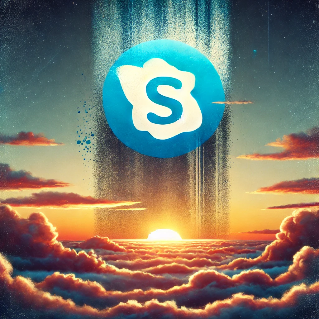 DALL·E 2025 03 01 15.22.08 A symbolic image representing the end of Skype showing a faded Skype logo disappearing into the clouds with a nostalgic sunset lit background. The