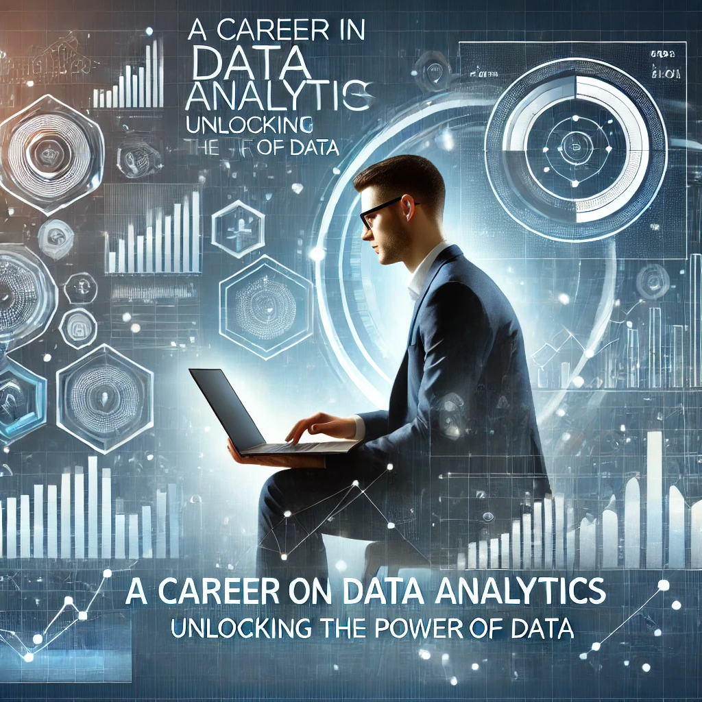 DALL·E 2025 03 02 14.01.33 A modern and professional digital illustration showcasing a career in data analytics. The image features a data analyst working on a laptop surrounde