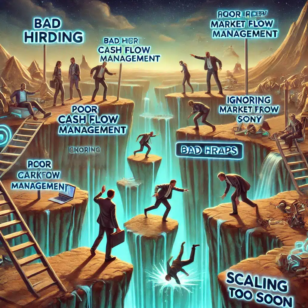 DALL·E 2025 03 07 23.33.21 A surreal depiction of first time startup founders navigating a chaotic landscape filled with pitfalls labeled Bad Hiring Poor Cash Flow Managemen