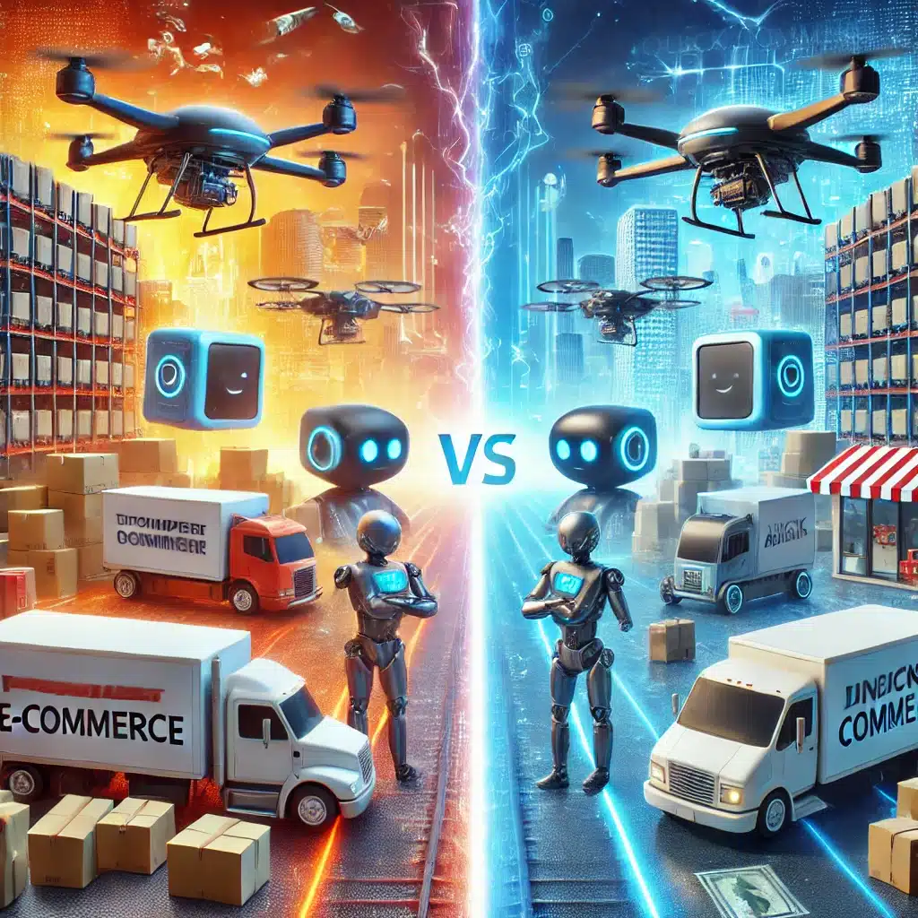 DALL·E 2025 03 07 23.37.09 A futuristic battle scene between traditional e commerce and quick commerce in the USA. On one side giant warehouses and delivery trucks represent e