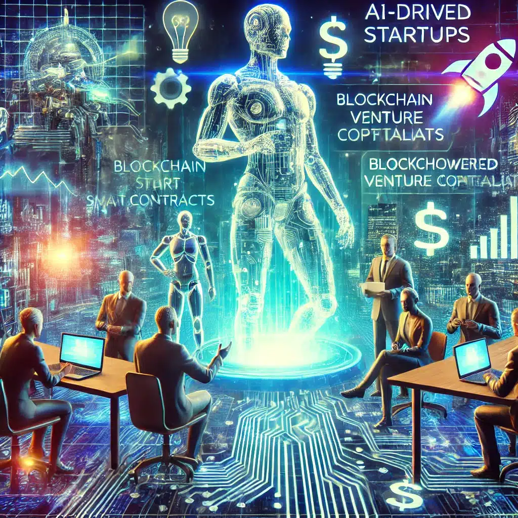 DALL·E 2025 03 07 23.43.25 A futuristic depiction of startup funding where AI driven investors blockchain powered smart contracts and robotic venture capitalists decide which