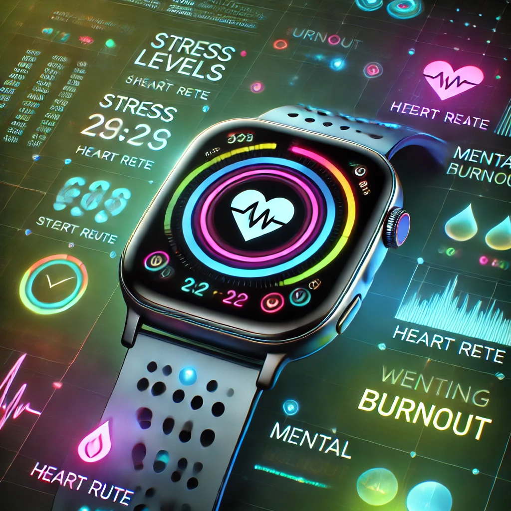 DALL·E 2025 03 22 13.00.45 A sleek futuristic smartwatch interface displaying health metrics like stress levels heart rate and mental fatigue indicators in vibrant glowing g