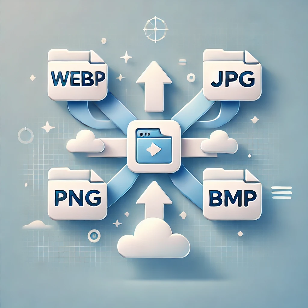 DALL·E 2025 03 24 19.07.48 A clean and modern graphic showcasing image conversion from WebP JPG PNG BMP. Four file icons WebP JPG PNG BMP connected by smooth arrows conv
