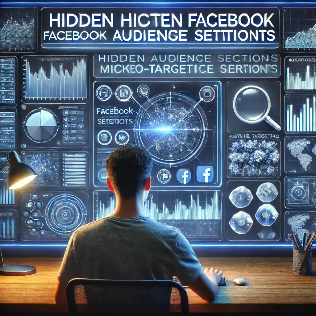 DALL·E 2025 03 25 22.11.59 A digital marketing strategist analyzing hidden Facebook audience segments on a high tech dashboard. The screen shows detailed graphs audience insigh