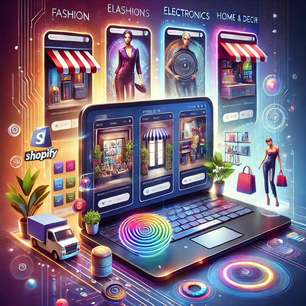 DALL·E 2025 03 25 22.42.56 A vibrant and modern digital illustration showcasing a variety of Shopify themes tailored for different industries. The image features a sleek laptop