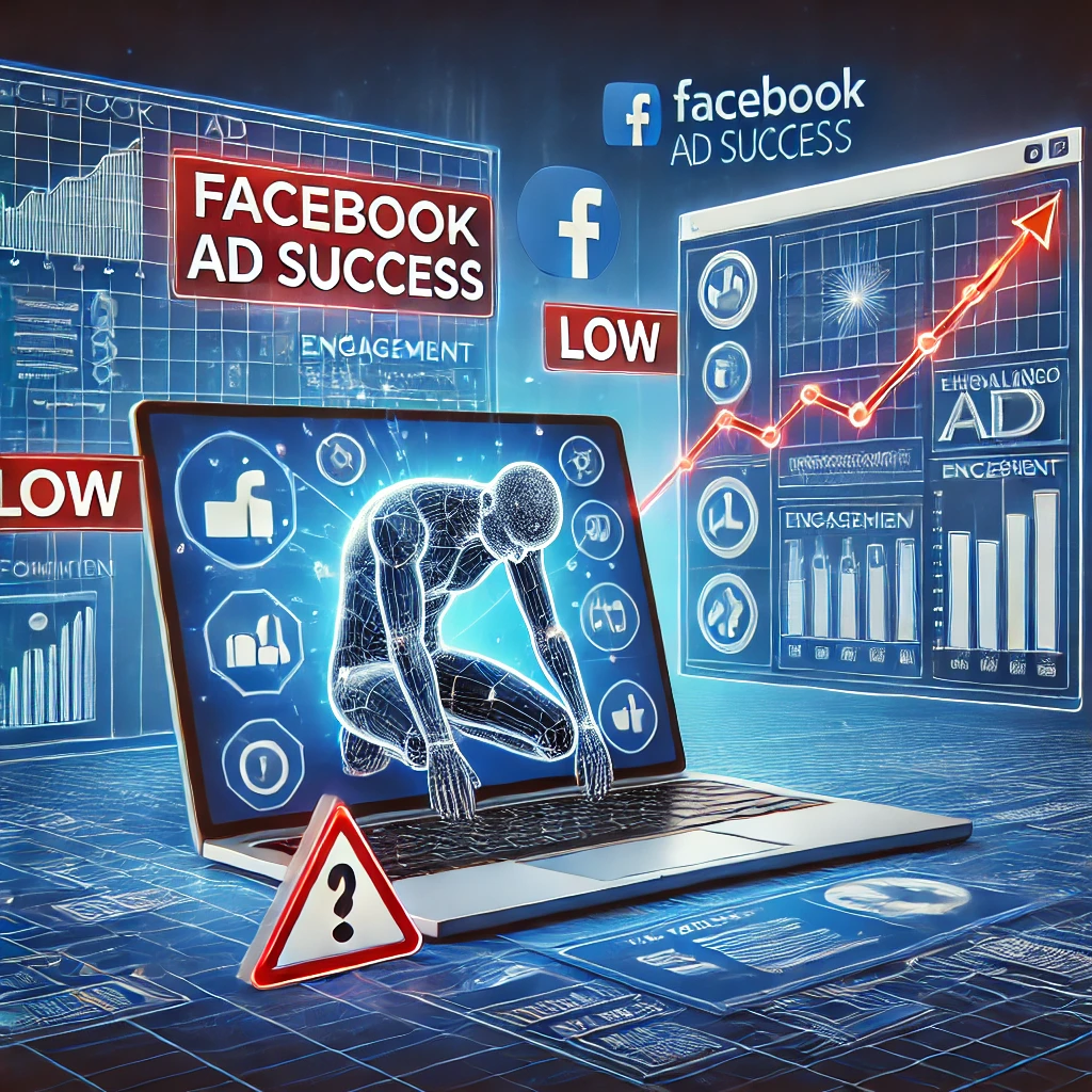 DALL·E 2025 03 27 23.05.26 A powerful and modern digital illustration representing the concept of Facebook ad success. The image features a struggling ad campaign on a laptop sc